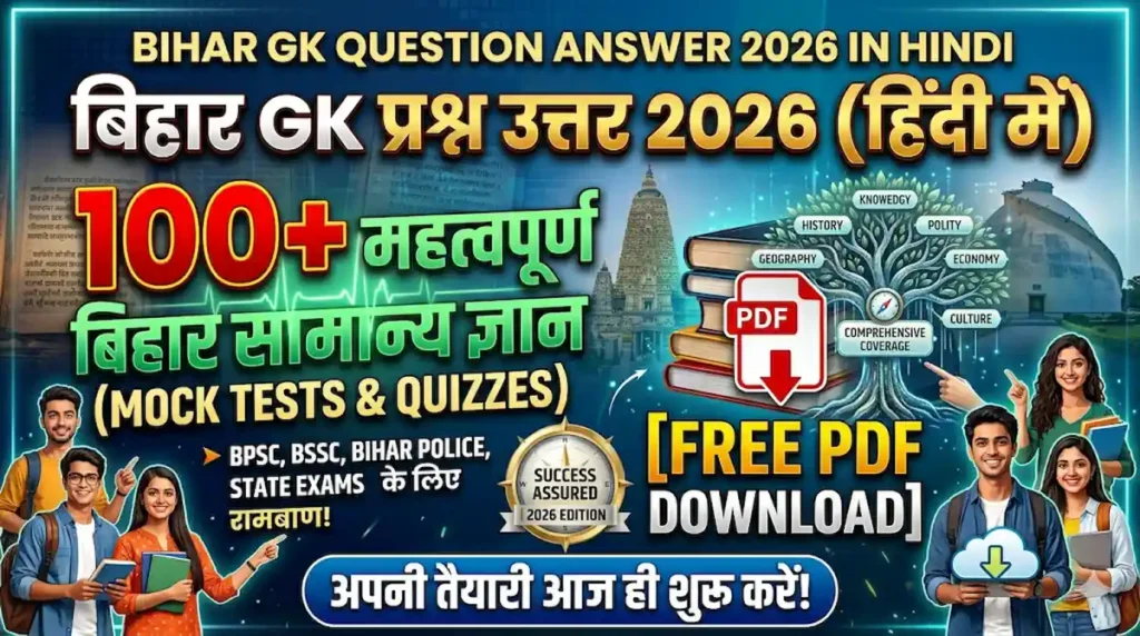 Bihar GK in Hindi PDF और Lucent GK से जुड़े महत्वपूर्ण प्रश्न उत्तर (MCQs) दिखाए गए हैं, जो SSC, UPSC, Railway और State Exams के लिए उपयोगी हैं।